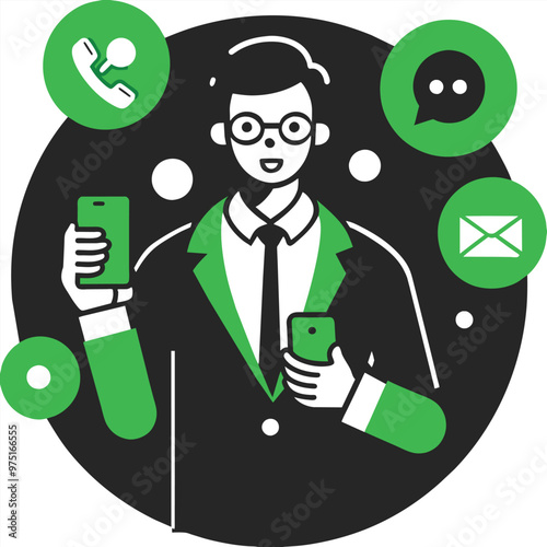 A customer support professional engages with clients using multiple communication devices including smartphones promoting effective customer service