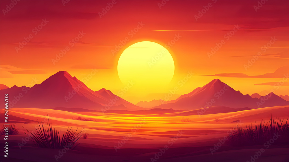 Golden Sunset over Desert Dunes with Majestic Mountains in the Distance Golden Sunset over Desert Dunes with Majestic Mountains in the Distance