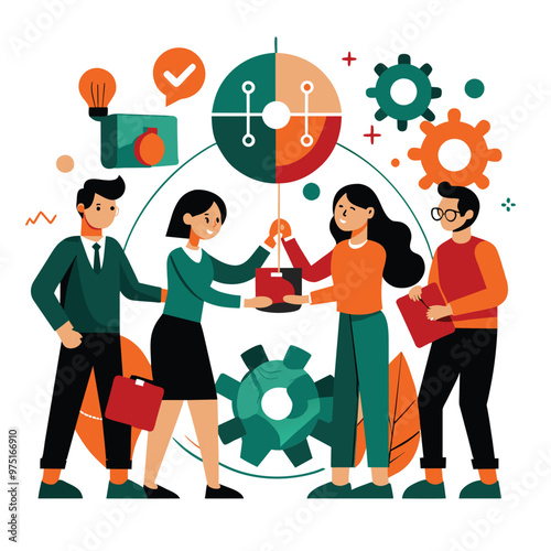 A diverse group of professionals works together sharing tools and ideas while visual graphics illustrate their collaborative efforts toward success