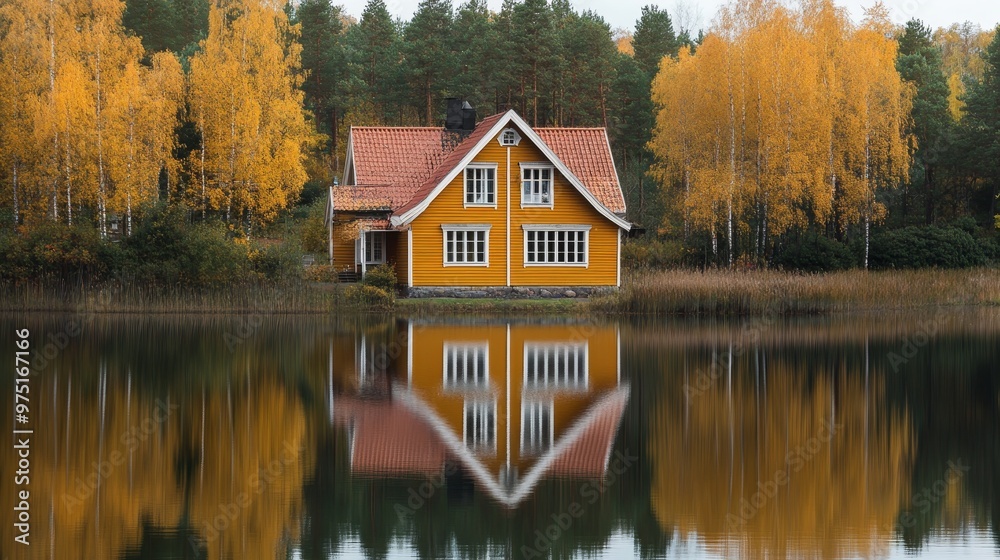 Charming swedish lakeside home featuring beautiful reflections in a serene natural landscape Charming swedish lakeside home featuring beautiful reflections in a serene natural landscape