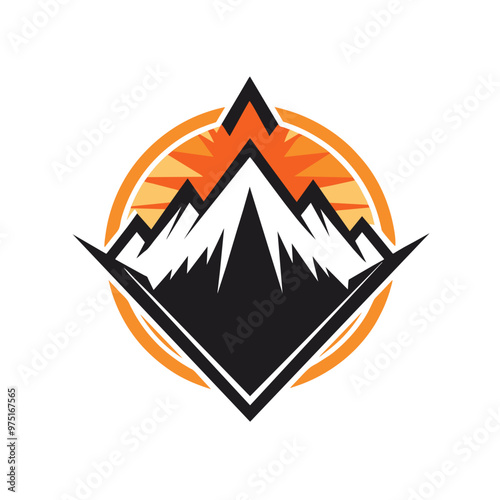 This artwork showcases a modern mountain silhouette enclosed in a circular design with vibrant orange rays emanating from the top emphasizing outdoor adventure