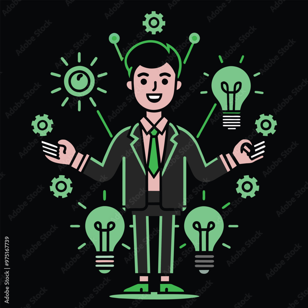 Creative men in a modern office setting are generating innovative ideas surrounded by glowing light bulbs and gears representing inspiration and inventiveness