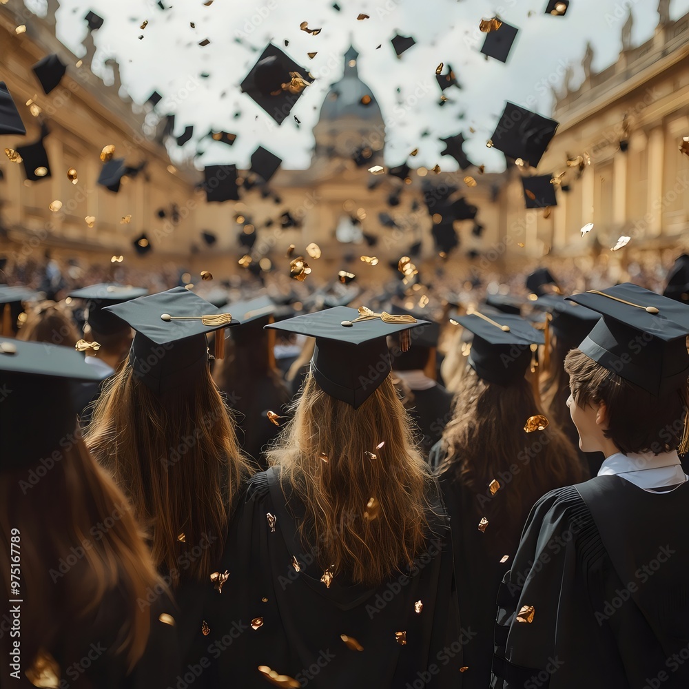 Closeup of a Large Group of Students Outside of the University, Dressed in Cap and Gown, Throwing their Caps in the Air in Celebration, AI Closeup of a Large Group of Students Outside of the University, Dressed in Cap and Gown, Throwing their Caps in the Air in Celebration, AI