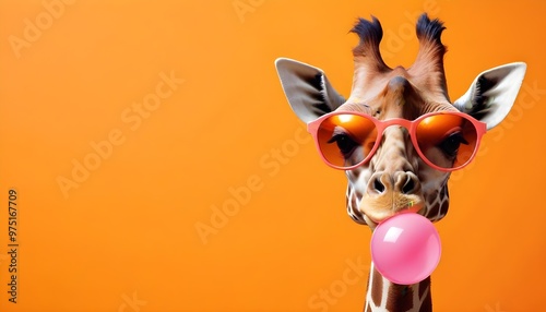 A giraffe wearing sunglasses and blowing a pink bubble gum bubble against a bright yellow background