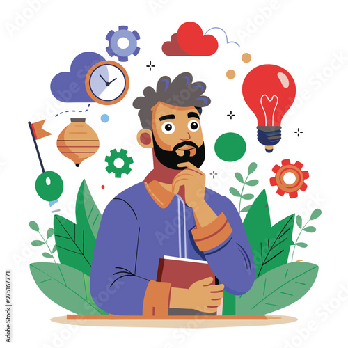 A person reflects thoughtfully while surrounded by symbols of creativity and innovation including light bulbs gears and plants inspiring collaborative ideas