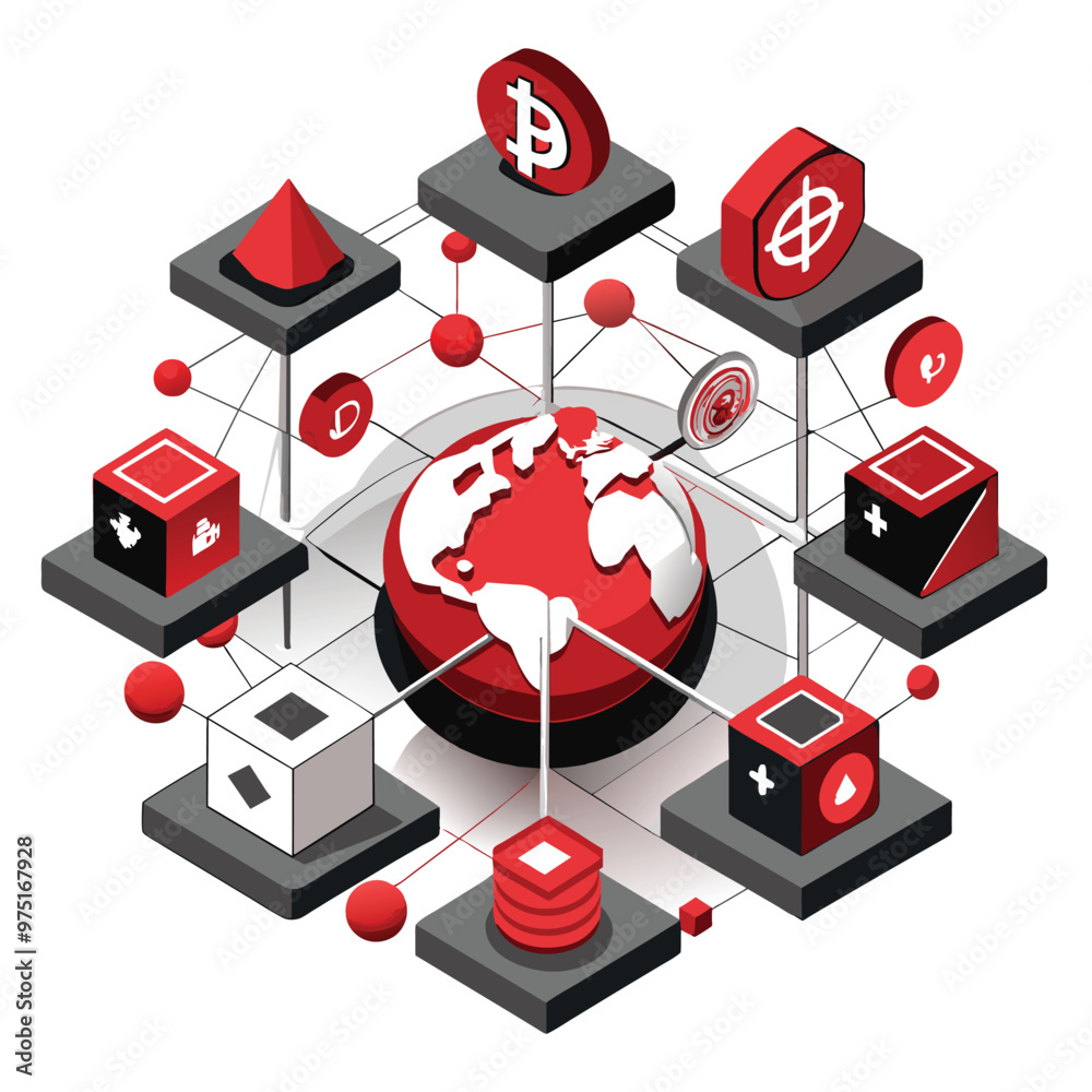 A dynamic isometric graphic illustrates a global network of cryptocurrencies highlighting various digital currencies and their interconnections across the world A dynamic isometric graphic illustrates a global network of cryptocurrencies highlighting various digital currencies and their interconnections across the world