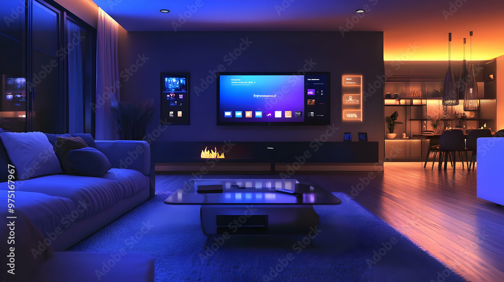 Modern Living Room Interior Design with Blue and Orange Lighting - 3D Illustration Modern Living Room Interior Design with Blue and Orange Lighting - 3D Illustration