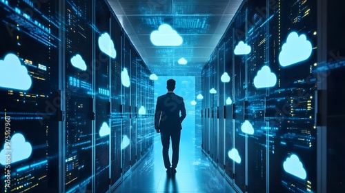 A businessman leading the digital transformation of a company, guiding its data and infrastructure from on-premise servers to glowing cloud platforms.