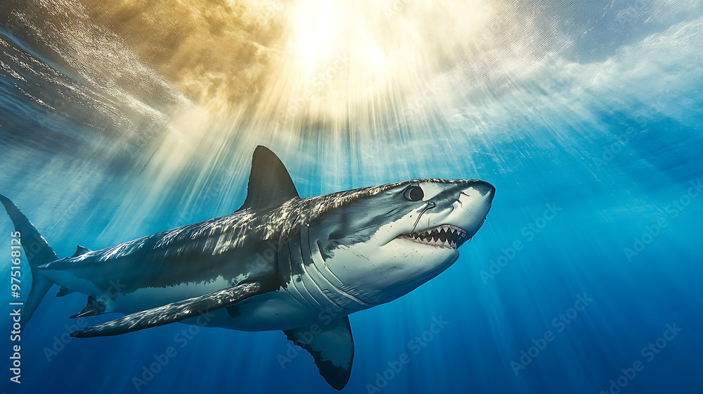 Fototapeta premium Great White Shark Under Sunbeams: Majestic great white shark swims through the depths, illuminated by a radiant sunbeam, showcasing its powerful presence and beauty in the vast ocean.