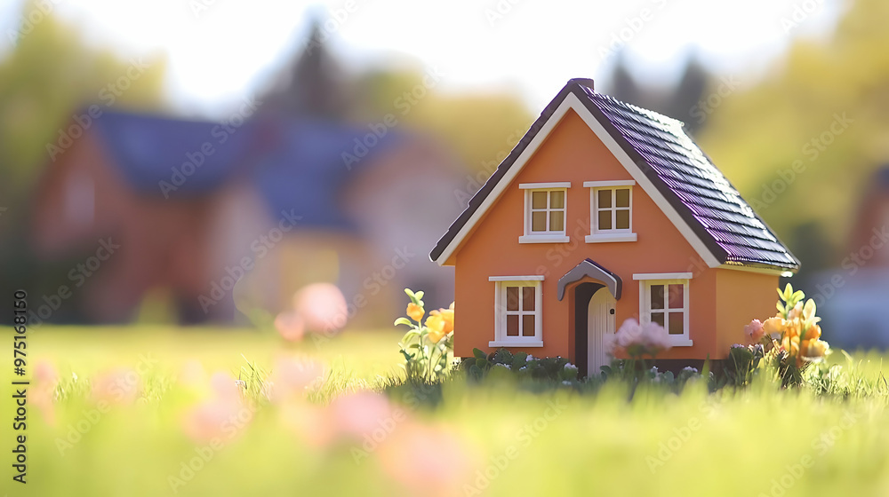 Model House Sits in Lush Green Grass with Blurred Houses in Background Model House Sits in Lush Green Grass with Blurred Houses in Background