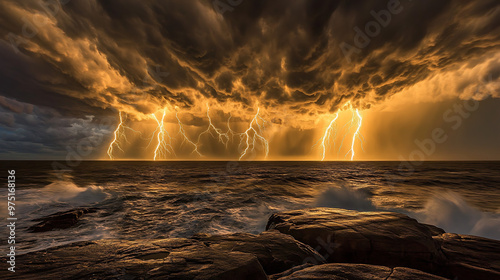 Lightning Strikes the Coast: A dramatic and awe-inspiring photograph captures the raw power of nature as lightning bolts pierce the stormy sky above a rugged coastline, illuminating the turbulent wave