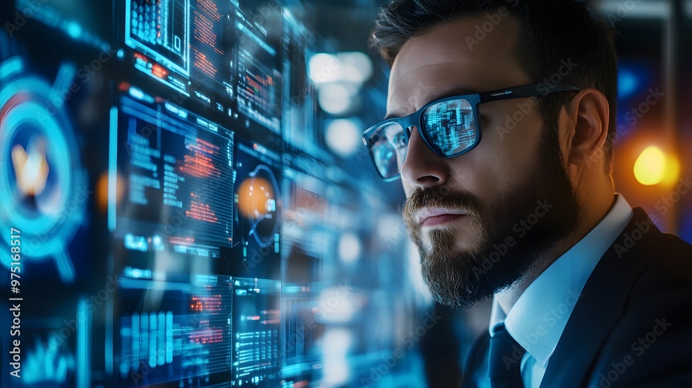 Businessman working in front of a futuristic quantum computer and work with a team of developers and IT experts. Oversees the use of automated software with real-time monitoring. Businessman working in front of a futuristic quantum computer and work with a team of developers and IT experts. Oversees the use of automated software with real-time monitoring.