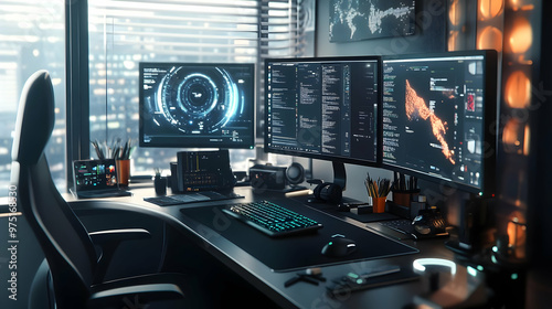 Obraz na płótnie Cyberpunk Gaming Setup: Realistic 3D Illustration w salonie