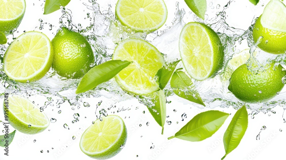 Fresh Limes Splashing in Water with Leaves Fresh Limes Splashing in Water with Leaves