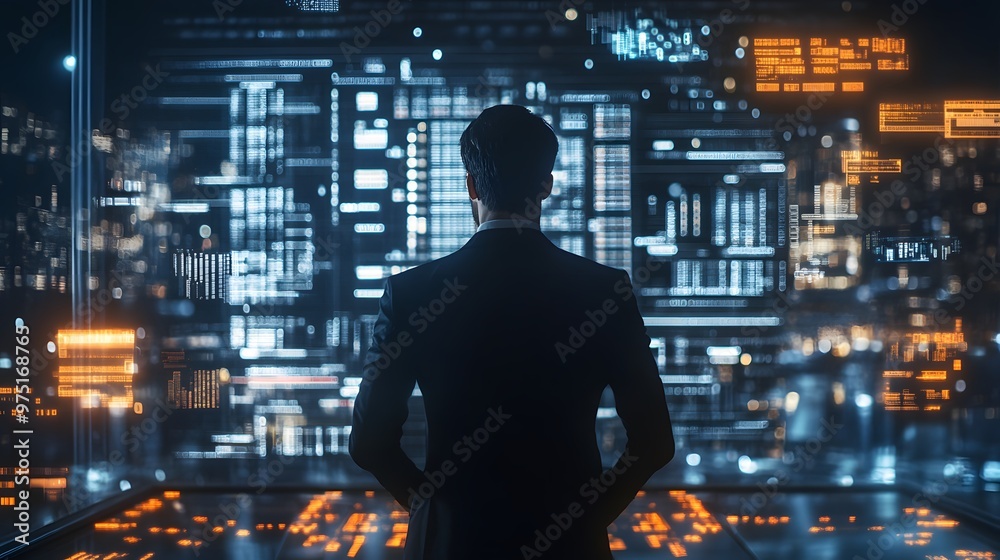 Fototapeta premium A businessman working in a high-tech industrial setting where localized data processing nodes are glowing with power