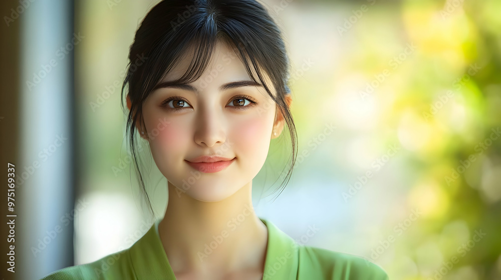 Young Woman Smiles Gently with a Green Background Young Woman Smiles Gently with a Green Background