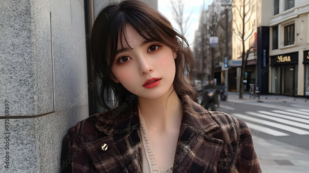 Stylish Woman Leans Against Wall on City Street with Blurred Background
