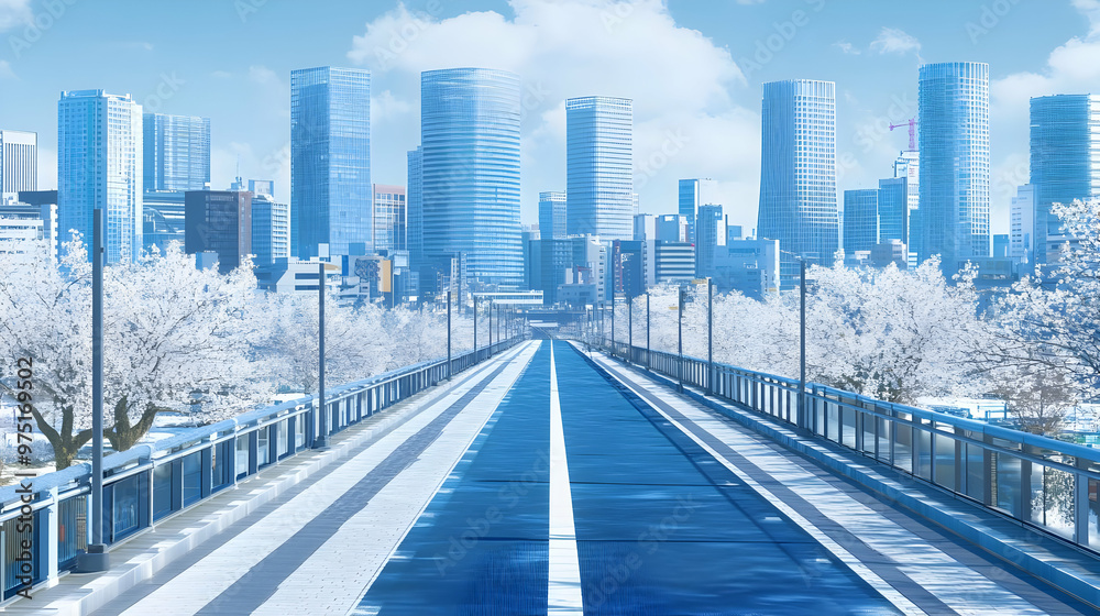 Naklejka premium Modern Cityscape with Blossoming Trees and a Wide Road Leading to the City Center on a Clear Day