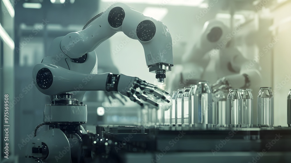 A digital factory floor, where robotic arms perform complex tasks with precision, guided by an executive overseeing operations.
