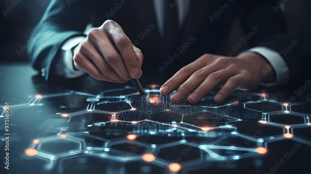 A businessman configuring a tech solution that expands in size, with platforms growing in complexity as needed by the company. A businessman configuring a tech solution that expands in size, with platforms growing in complexity as needed by the company.