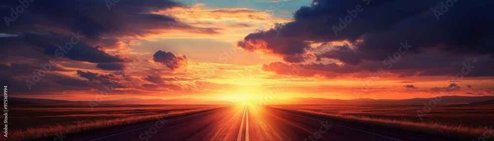 Highway disappearing into a vibrant sunset, symbolizing the end of one journey and the beginning of another, Sunset Highway, Golden Journey Highway disappearing into a vibrant sunset, symbolizing the end of one journey and the beginning of another, Sunset Highway, Golden Journey