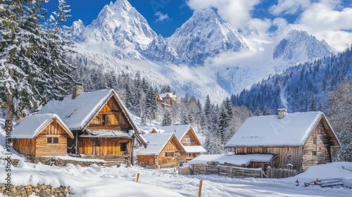 Charming mountain village with traditional wooden houses and snow-covered peaks in the background, an ideal place for winter travel