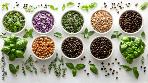 Fresh Herbs and Aromatic Spices Arranged Beautifully on White Surface