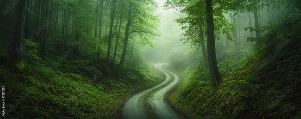 Obraz premium Misty road in a dense forest, where every turn hides a new discovery, Forest Path, Mystical Journey