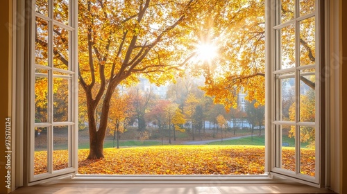 Fototapeta Naklejka Na Ścianę i Meble -  View from a room window overlooking an autumn park adorned with colorful fall foliage