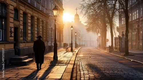 Man Walking on Cobblestone Street at Sunset in European City