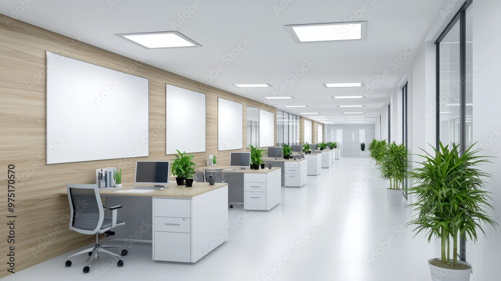 Modern Office Corridor with Desk and Plants Modern Office Corridor with Desk and Plants