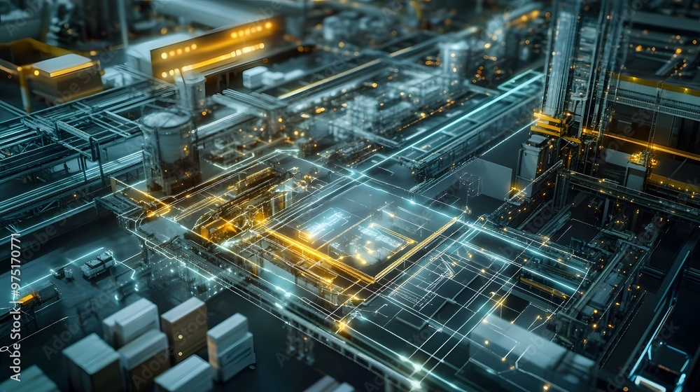 A digital grid overlaying a factory and logistics hub, with goods moving smoothly along glowing, interconnected pathways A digital grid overlaying a factory and logistics hub, with goods moving smoothly along glowing, interconnected pathways