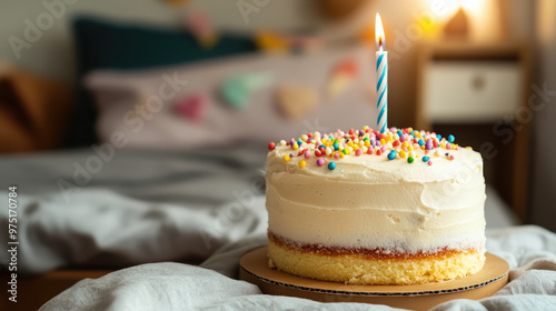 A birthday cake with a lit candle on top