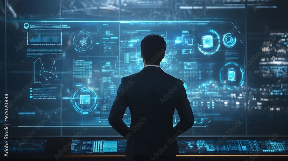 A businessman standing before a futuristic quantum computer, streams of quantum data swirling around A businessman standing before a futuristic quantum computer, streams of quantum data swirling around