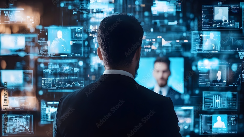 A businessman seamlessly switching between video calls, instant messaging, and file sharing within a unified digital platform. A businessman seamlessly switching between video calls, instant messaging, and file sharing within a unified digital platform.