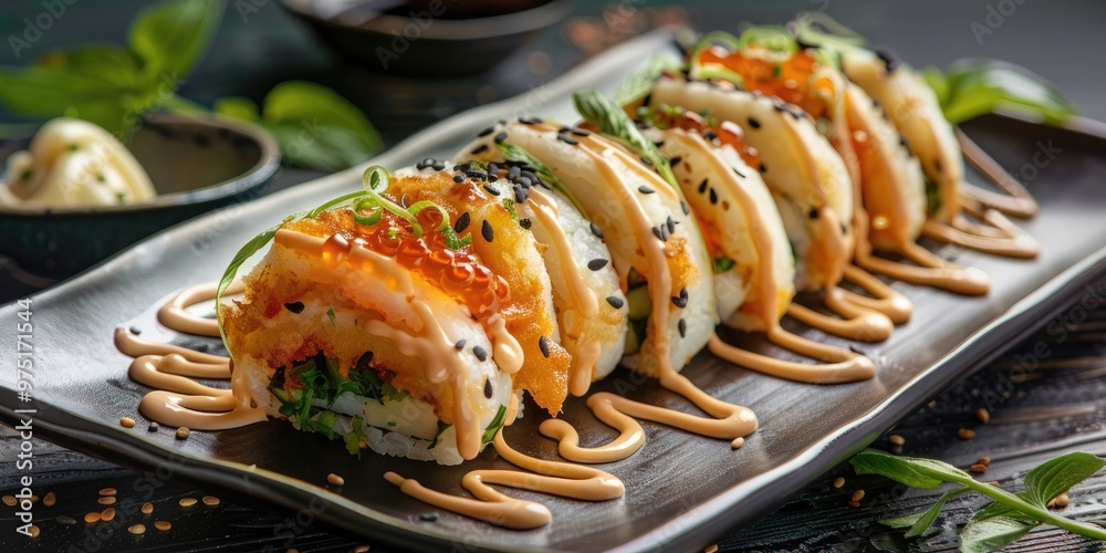 Sushi Tempura Enclosed in Bao Bun with Creamy Sauce Drizzled on a Stylish Black Plate Sushi Tempura Enclosed in Bao Bun with Creamy Sauce Drizzled on a Stylish Black Plate