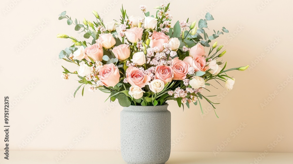 Pink and White Roses Bouquet in Grey Vase on Cream Background