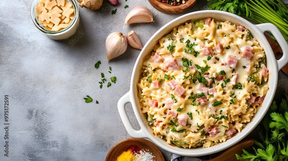 Pasta casserole with romanesco cabbage and ham in creamy sauce ready for bake,Generative AI Pasta casserole with romanesco cabbage and ham in creamy sauce ready for bake,Generative AI