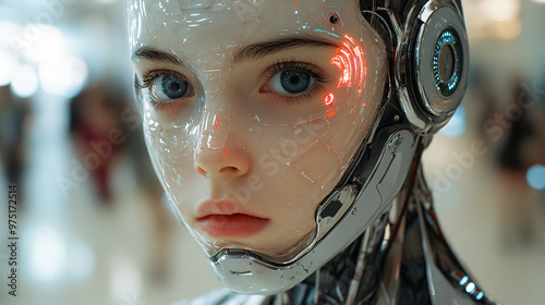 An image of an artificial intelligence humanoid head, depicting the future of technology and robotics.