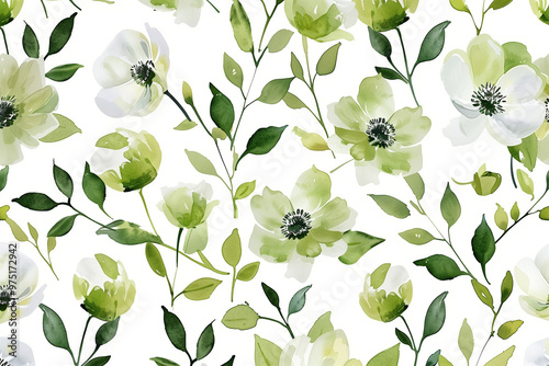 Green Flower Pattern with Natural Color Palette and Detailed Floral Shapes for Nature-Inspired Wallpaper Design