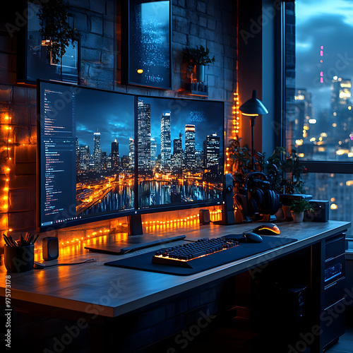 Night Cityscape View From Gaming Desk Illustration