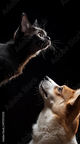 Cat and dog gazing at each other on black background, studio shot. Friendship and curiosity concept