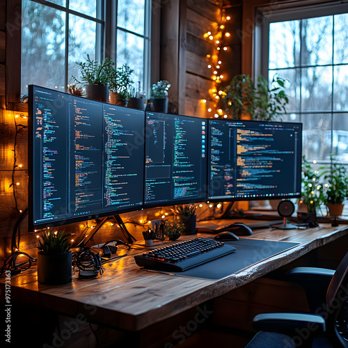 Triple Monitor Setup with Code on Screen - Desktop Workstation Photo photo