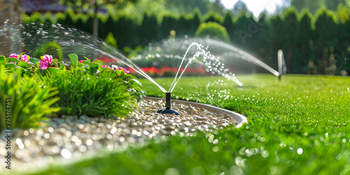 Garden sprinkler system watering grass and flowers, Automatic irrigation system in sunny garden
