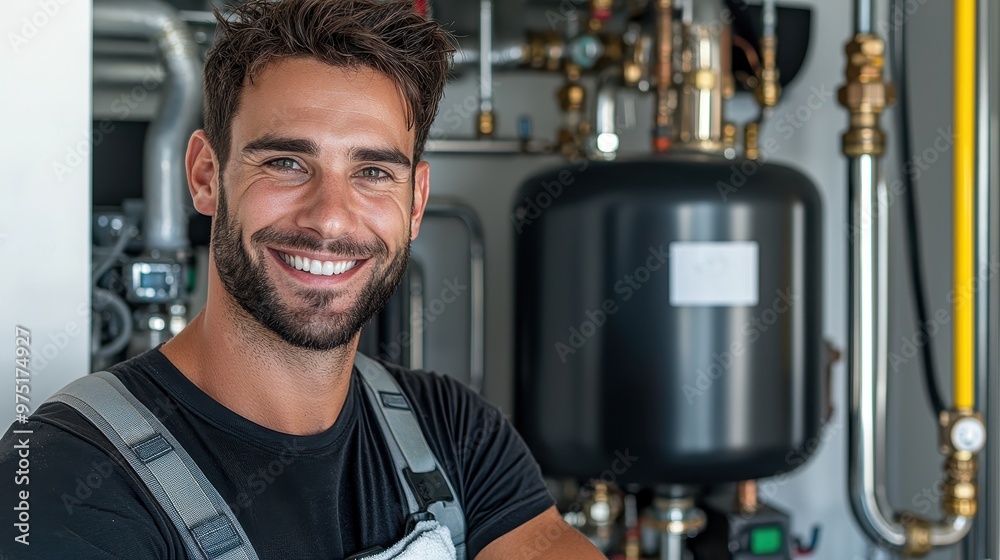 Happy Plumber In Uniform Standing In Front Of Boiler Happy Plumber In Uniform Standing In Front Of Boiler
