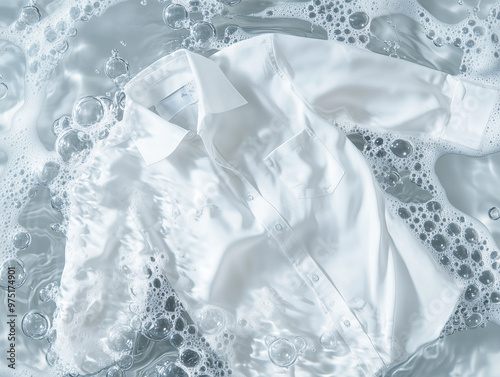 White Shirt Being Washed in Clean Water With Bubbles and Foam