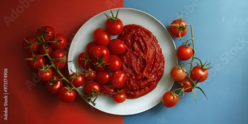 Tomato sauce and ripe tomatoes served on a dish photo