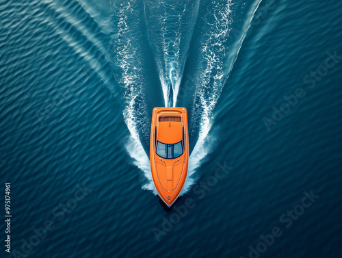 Aerial View of Orange Speedboat Sailing on Clear Blue Water