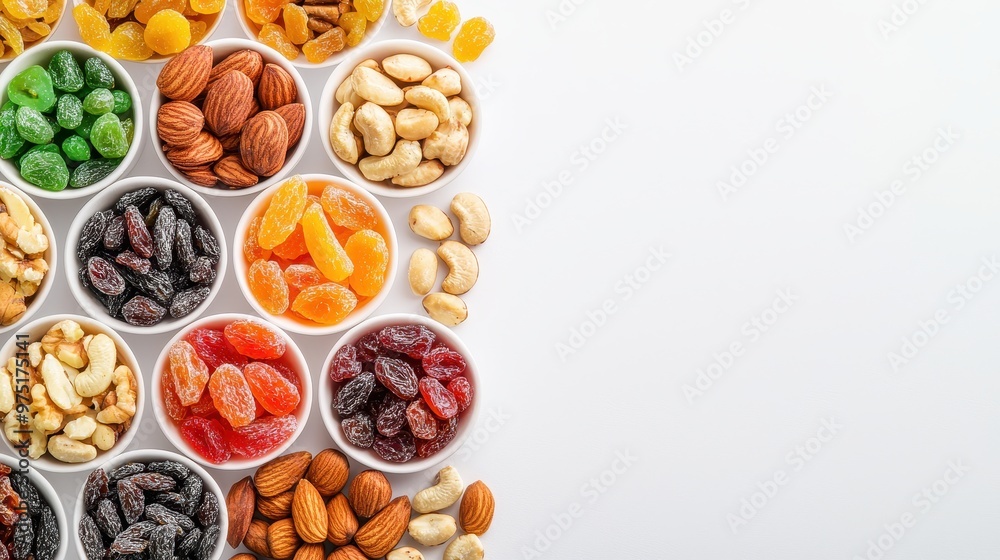 Assorted Dried Fruits and Nuts in Bowls on White Background Assorted Dried Fruits and Nuts in Bowls on White Background