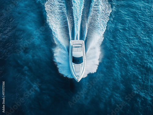 Obraz na płótnie Aerial View of White Speedboat Sailing on Blue Ocean w salonie